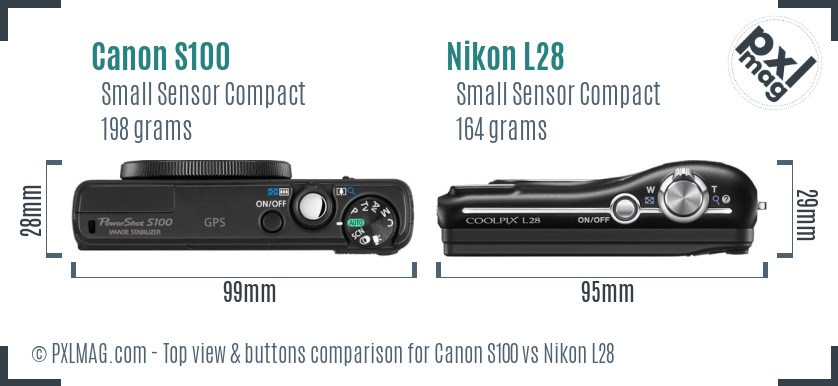 Canon S100 vs Nikon L28 top view buttons comparison