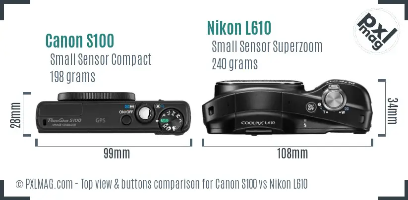 Canon S100 vs Nikon L610 top view buttons comparison