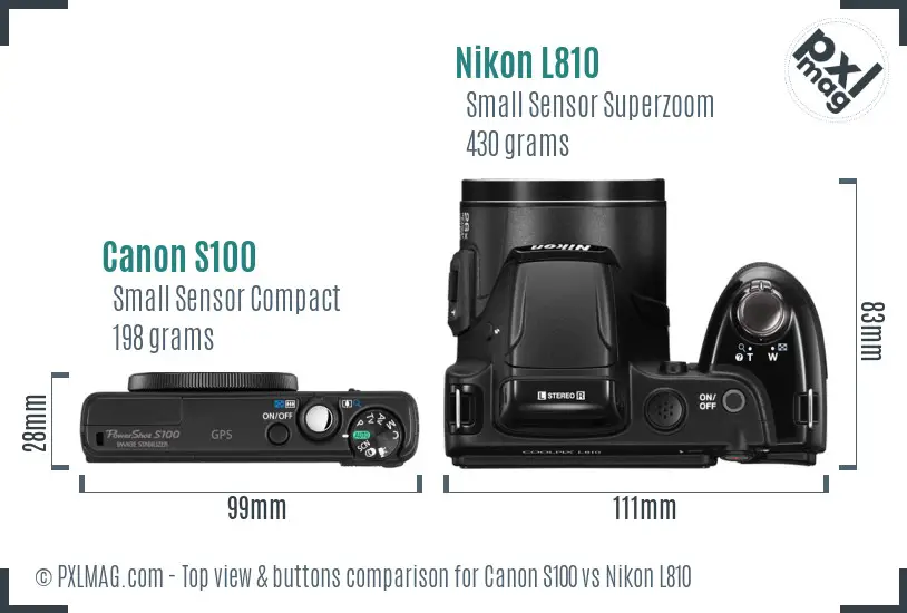 Canon S100 vs Nikon L810 top view buttons comparison