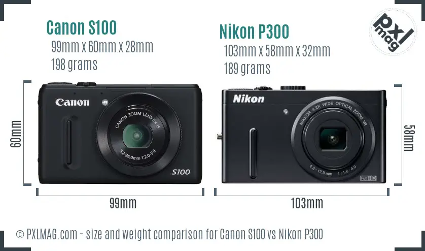 Canon S100 vs Nikon P300 size comparison
