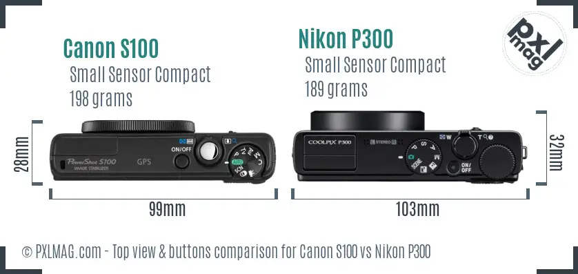 Canon S100 vs Nikon P300 top view buttons comparison