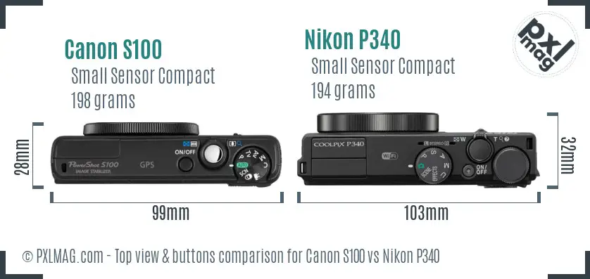 Canon S100 vs Nikon P340 top view buttons comparison Canon S100 vs Nikon P340 top view buttons comparison