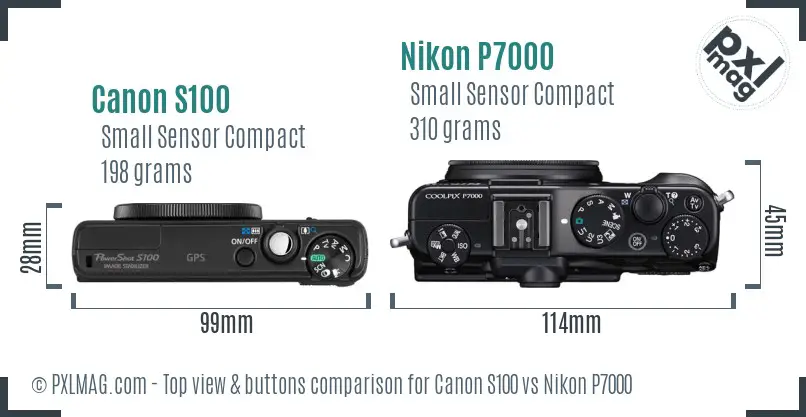 Canon S100 vs Nikon P7000 top view buttons comparison