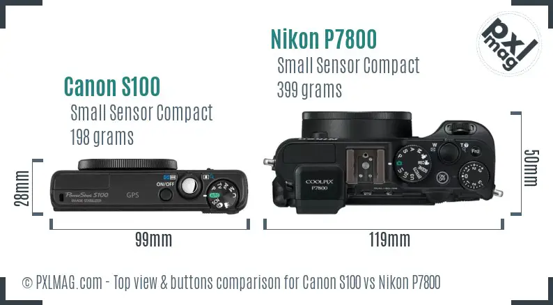 Canon S100 vs Nikon P7800 top view buttons comparison