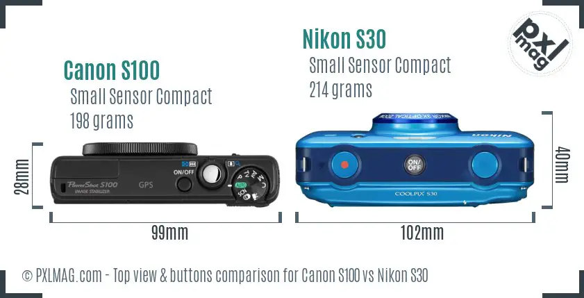 Canon S100 vs Nikon S30 top view buttons comparison
