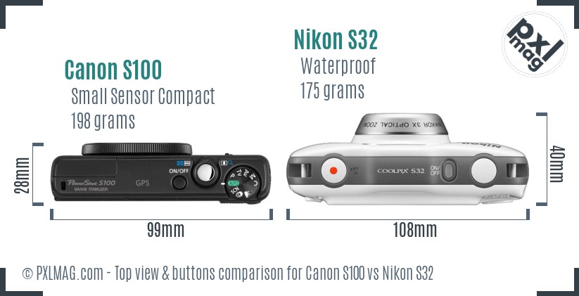 Canon S100 vs Nikon S32 top view buttons comparison