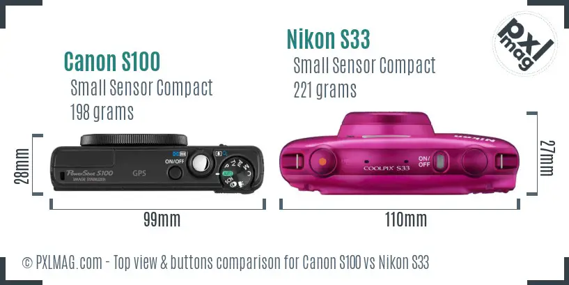 Canon S100 vs Nikon S33 top view buttons comparison