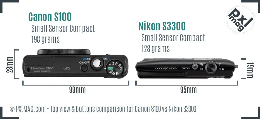 Canon S100 vs Nikon S3300 top view buttons comparison