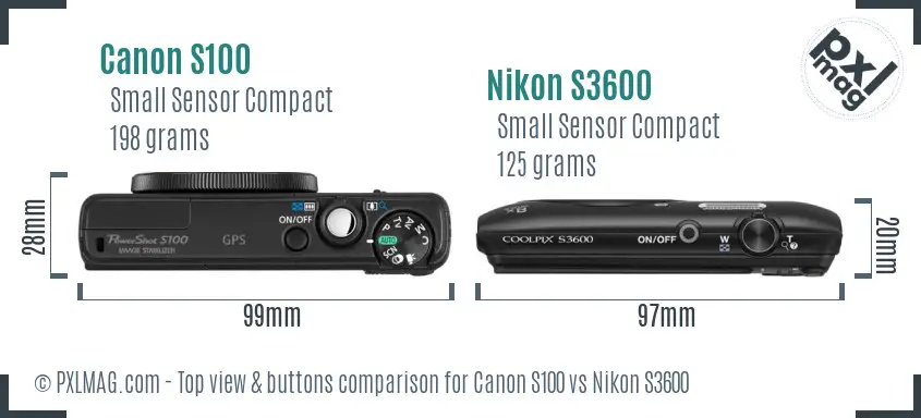 Canon S100 vs Nikon S3600 top view buttons comparison