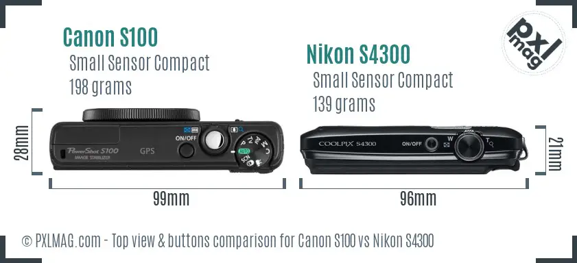 Canon S100 vs Nikon S4300 top view buttons comparison