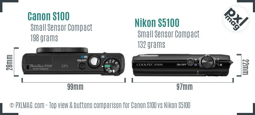 Canon S100 vs Nikon S5100 top view buttons comparison Canon S100 vs Nikon S5100 top view buttons comparison