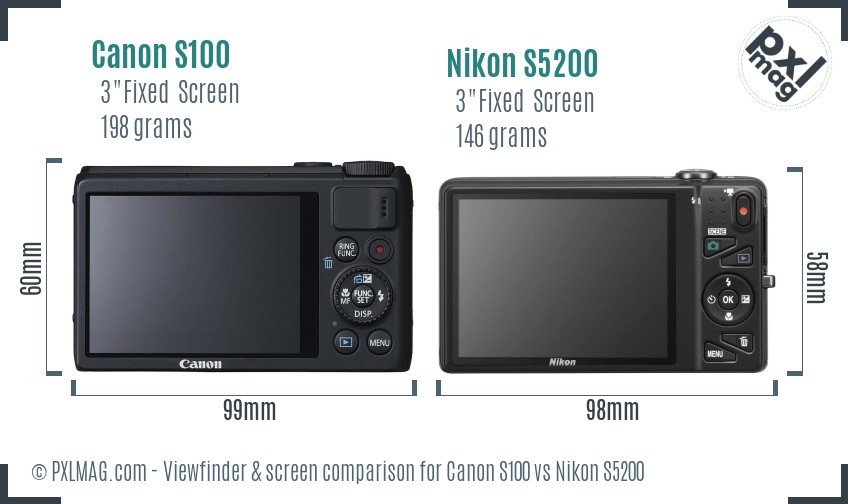 Canon S100 vs Nikon S5200 Screen and Viewfinder comparison
