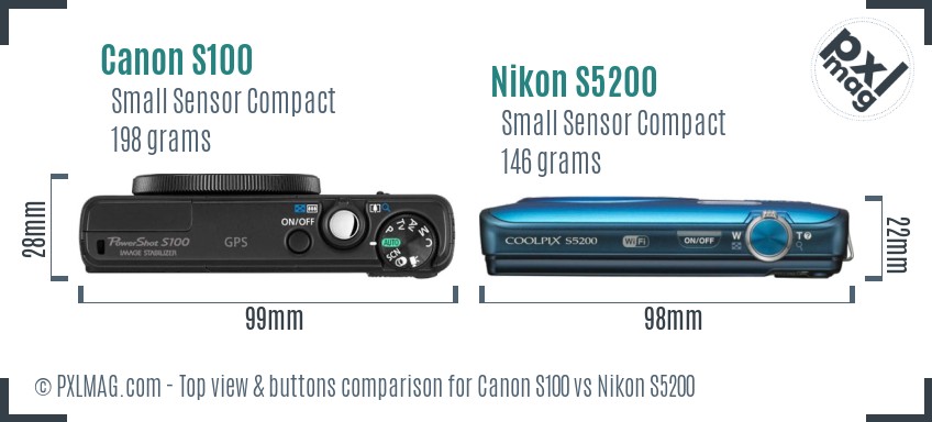 Canon S100 vs Nikon S5200 top view buttons comparison