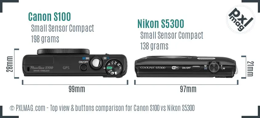 Canon S100 vs Nikon S5300 top view buttons comparison