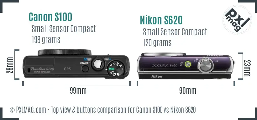 Canon S100 vs Nikon S620 top view buttons comparison Canon S100 vs Nikon S620 top view buttons comparison