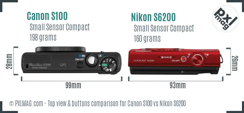 Canon S100 vs Nikon S6200 top view buttons comparison