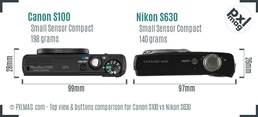 Canon S100 vs Nikon S630 top view buttons comparison