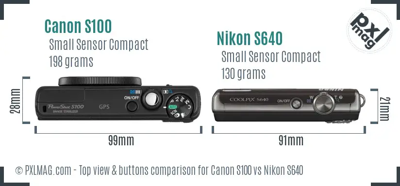 Canon S100 vs Nikon S640 top view buttons comparison