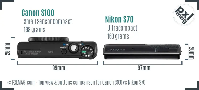 Canon S100 vs Nikon S70 top view buttons comparison Canon S100 vs Nikon S70 top view buttons comparison