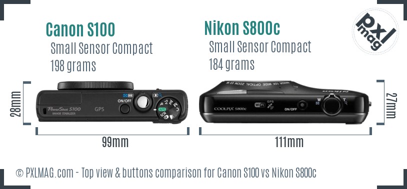 Canon S100 vs Nikon S800c top view buttons comparison