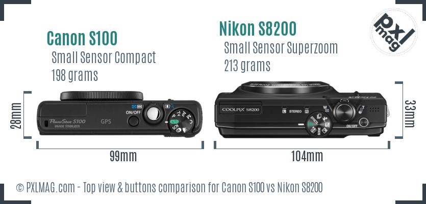 Canon S100 vs Nikon S8200 top view buttons comparison