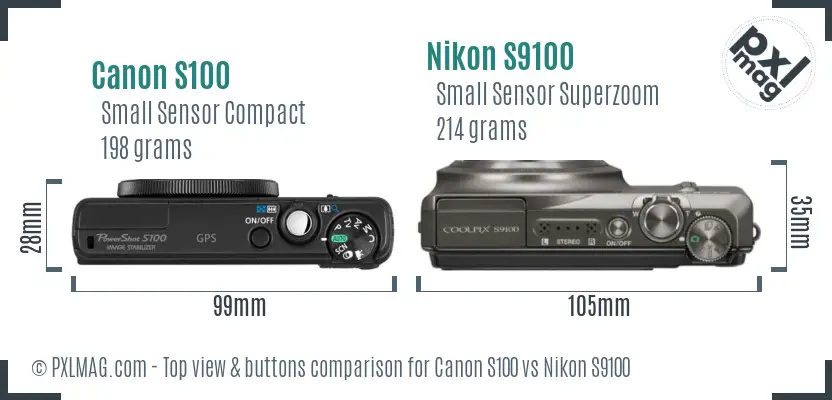 Canon S100 vs Nikon S9100 top view buttons comparison