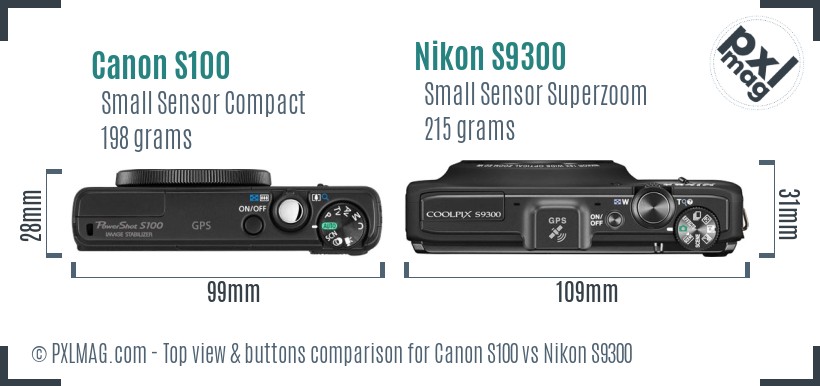 Canon S100 vs Nikon S9300 top view buttons comparison