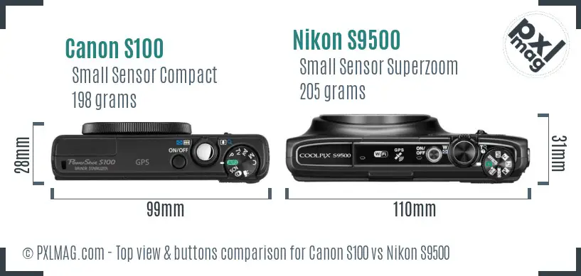 Canon S100 vs Nikon S9500 top view buttons comparison