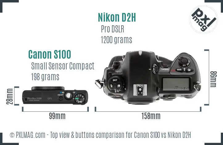 Canon S100 vs Nikon D2H top view buttons comparison Canon S100 vs Nikon D2H top view buttons comparison