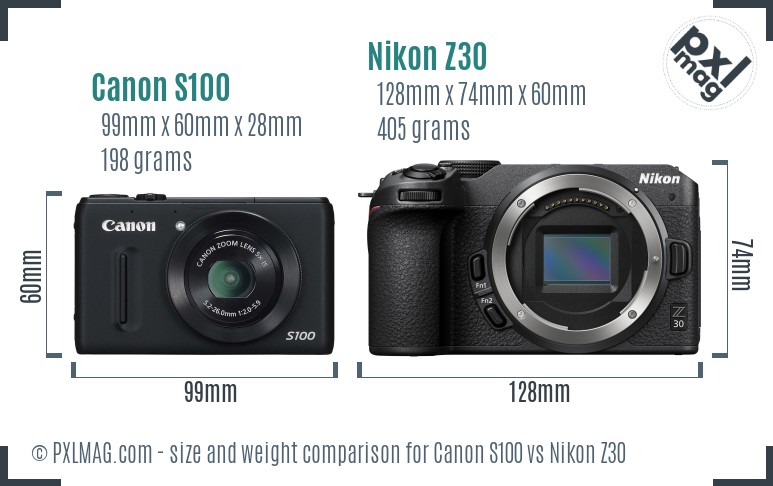 Canon S100 vs Nikon Z30 size comparison