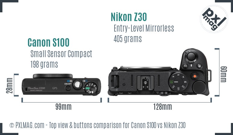 Canon S100 vs Nikon Z30 top view buttons comparison