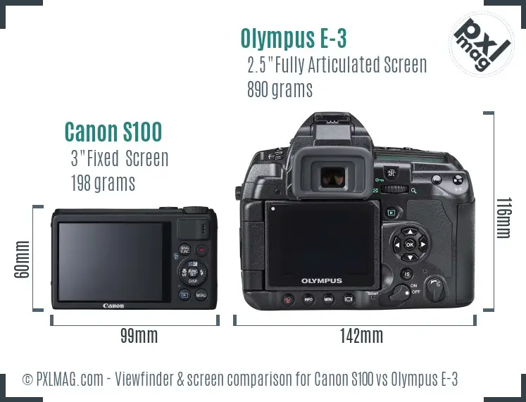 Canon S100 vs Olympus E-3 Screen and Viewfinder comparison