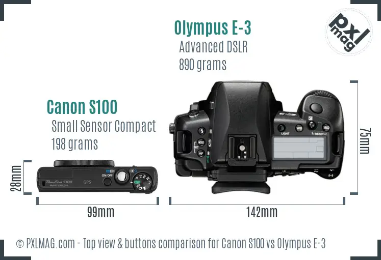 Canon S100 vs Olympus E-3 top view buttons comparison