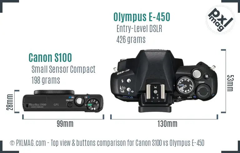 Canon S100 vs Olympus E-450 top view buttons comparison