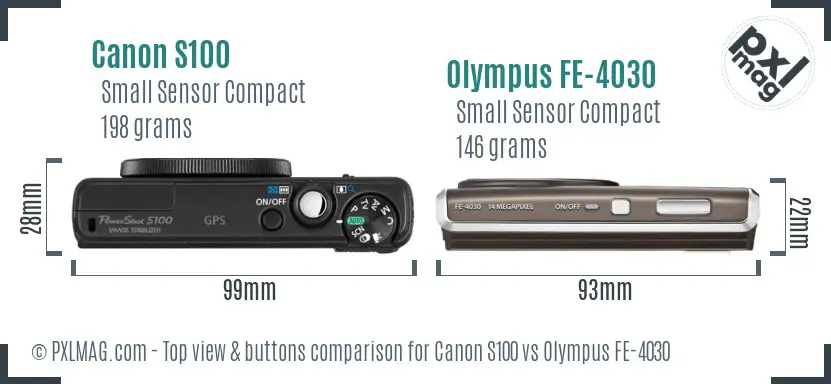 Canon S100 vs Olympus FE-4030 top view buttons comparison Canon S100 vs Olympus FE-4030 top view buttons comparison