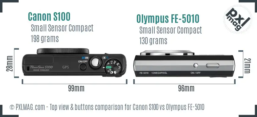 Canon S100 vs Olympus FE-5010 top view buttons comparison Canon S100 vs Olympus FE-5010 top view buttons comparison