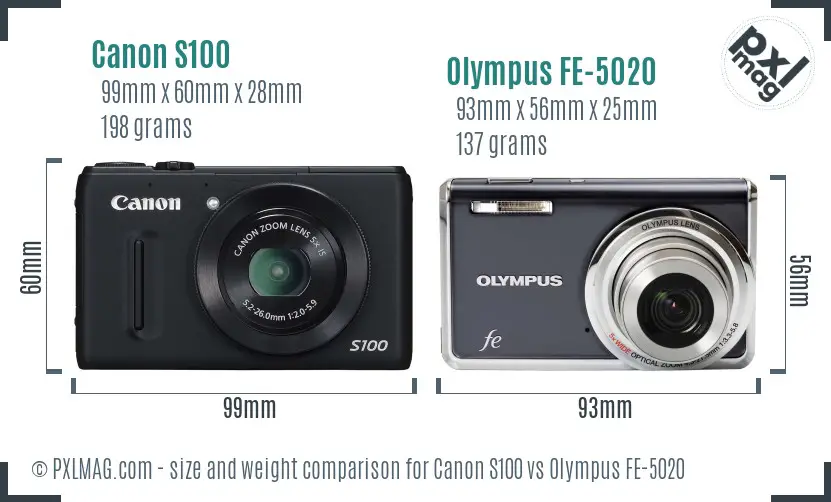 Canon S100 vs Olympus FE-5020 size comparison Canon S100 vs Olympus FE-5020 size comparison