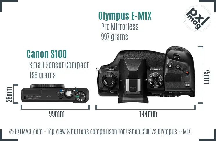 Canon S100 vs Olympus E-M1X top view buttons comparison
