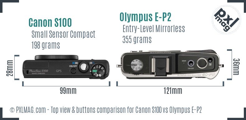 Canon S100 vs Olympus E-P2 top view buttons comparison