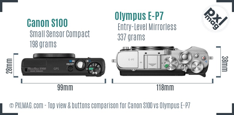 Canon S100 vs Olympus E-P7 top view buttons comparison