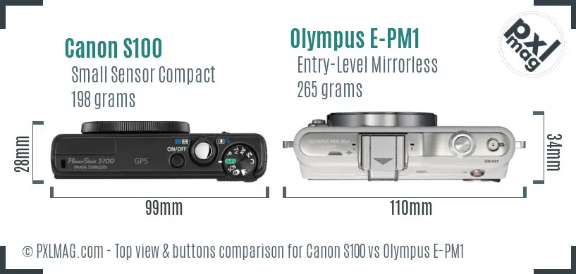 Canon S100 vs Olympus E-PM1 top view buttons comparison