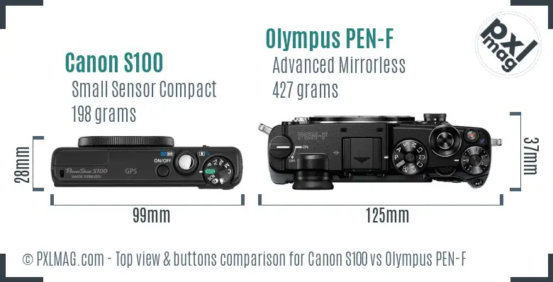 Canon S100 vs Olympus PEN-F top view buttons comparison Canon S100 vs Olympus PEN-F top view buttons comparison