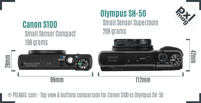 Canon S100 vs Olympus SH-50 top view buttons comparison