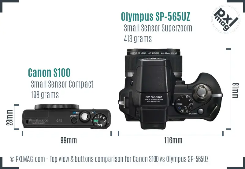 Canon S100 vs Olympus SP-565UZ top view buttons comparison