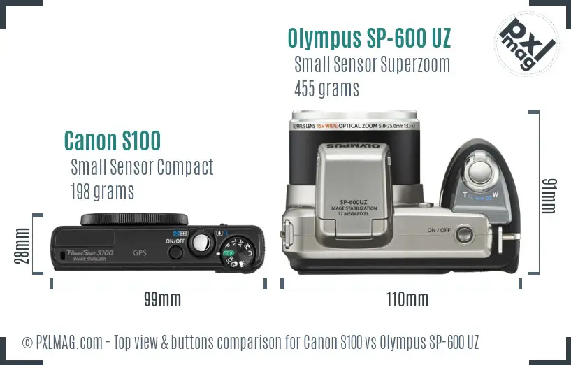 Canon S100 vs Olympus SP-600 UZ top view buttons comparison