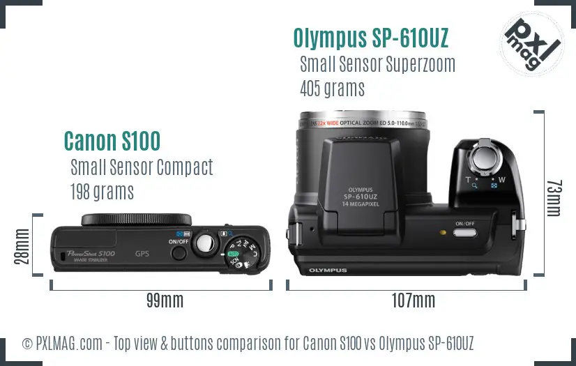 Canon S100 vs Olympus SP-610UZ top view buttons comparison