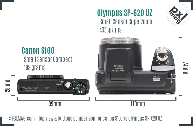 Canon S100 vs Olympus SP-620 UZ top view buttons comparison