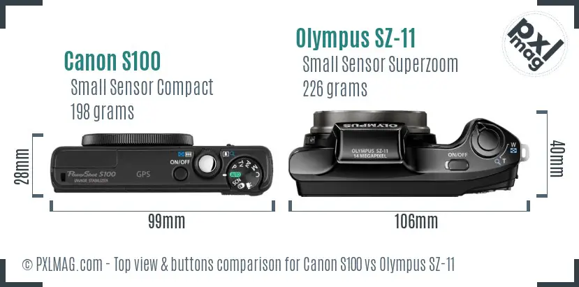 Canon S100 vs Olympus SZ-11 top view buttons comparison Canon S100 vs Olympus SZ-11 top view buttons comparison