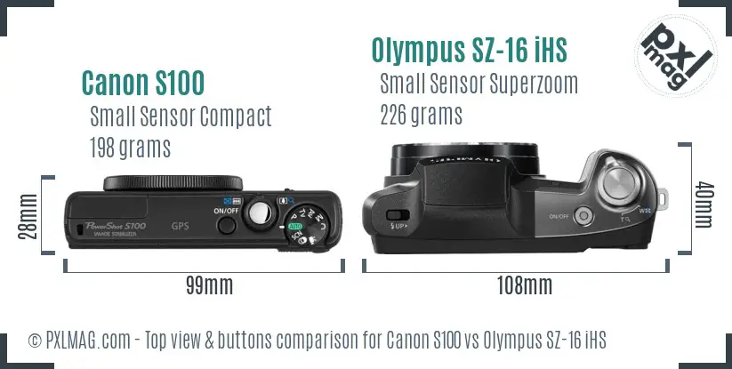 Canon S100 vs Olympus SZ-16 iHS top view buttons comparison