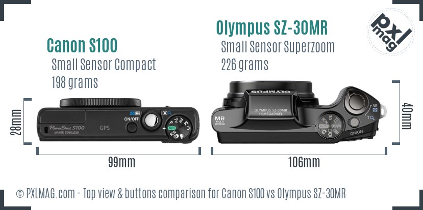 Canon S100 vs Olympus SZ-30MR top view buttons comparison